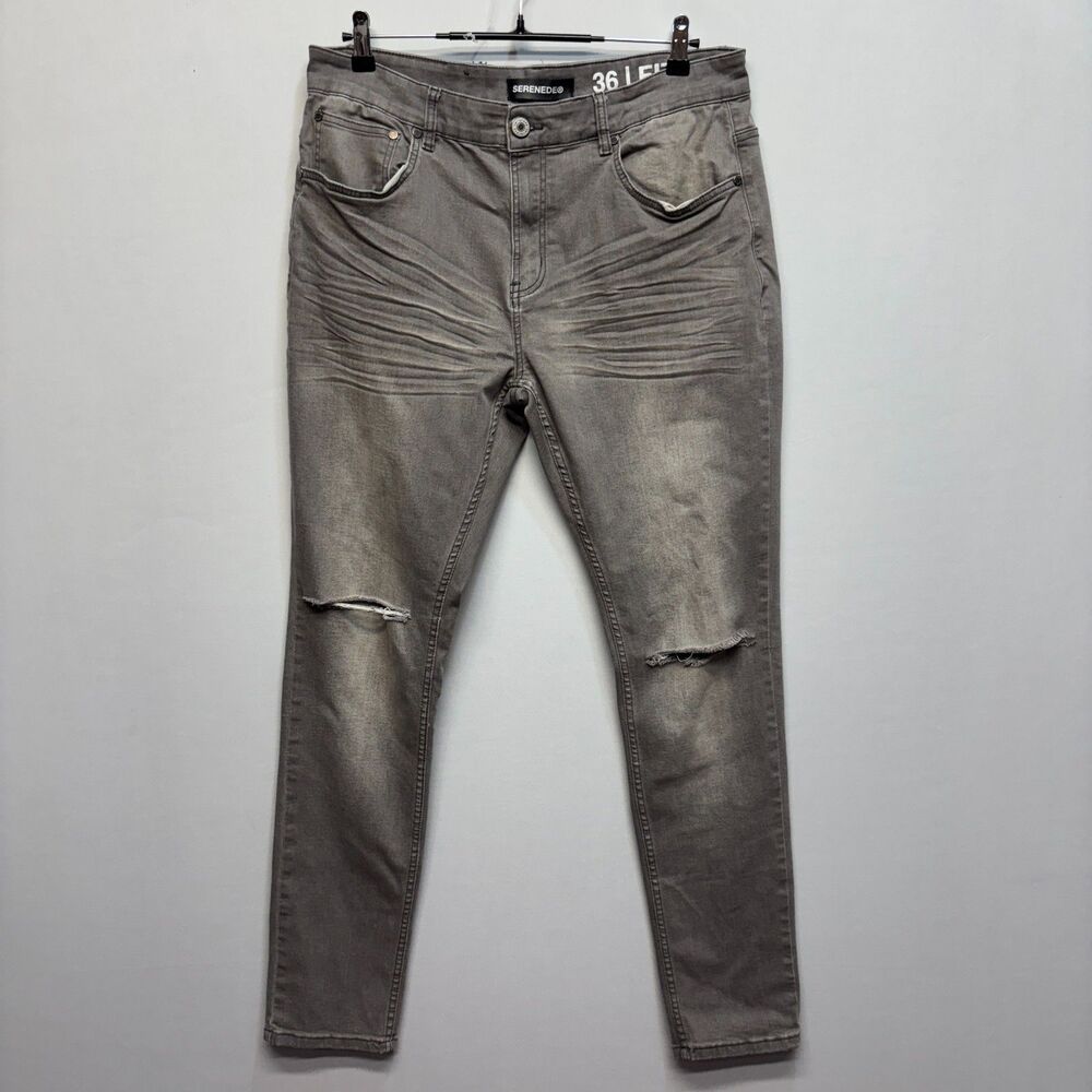 Serenede Men Fitted Denim Jeans Size 36 Gray Distressed C127 -28